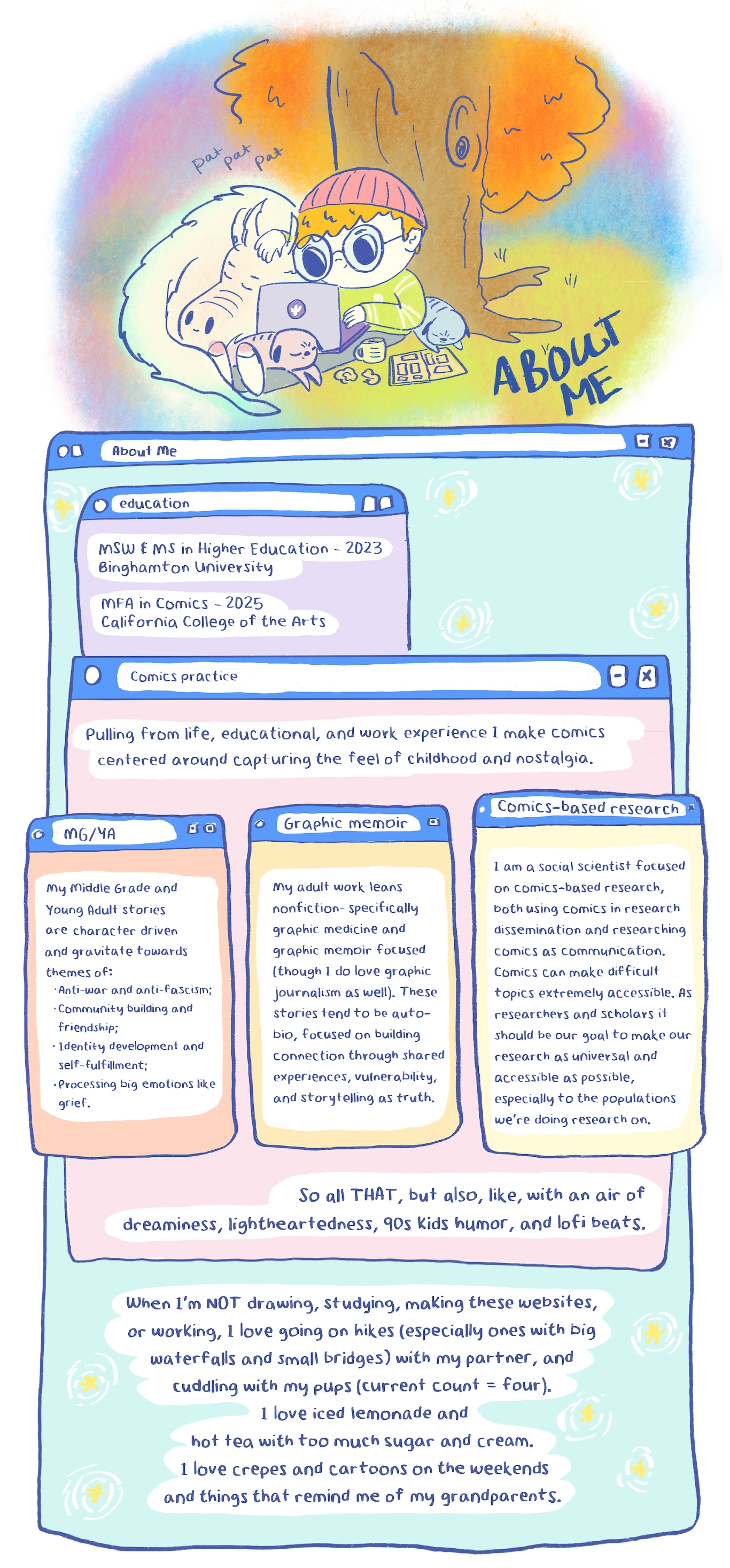 About Meegs comic artist bio with illustration of Meegs sitting under an autumn tree with pugs and a dragon-like creature