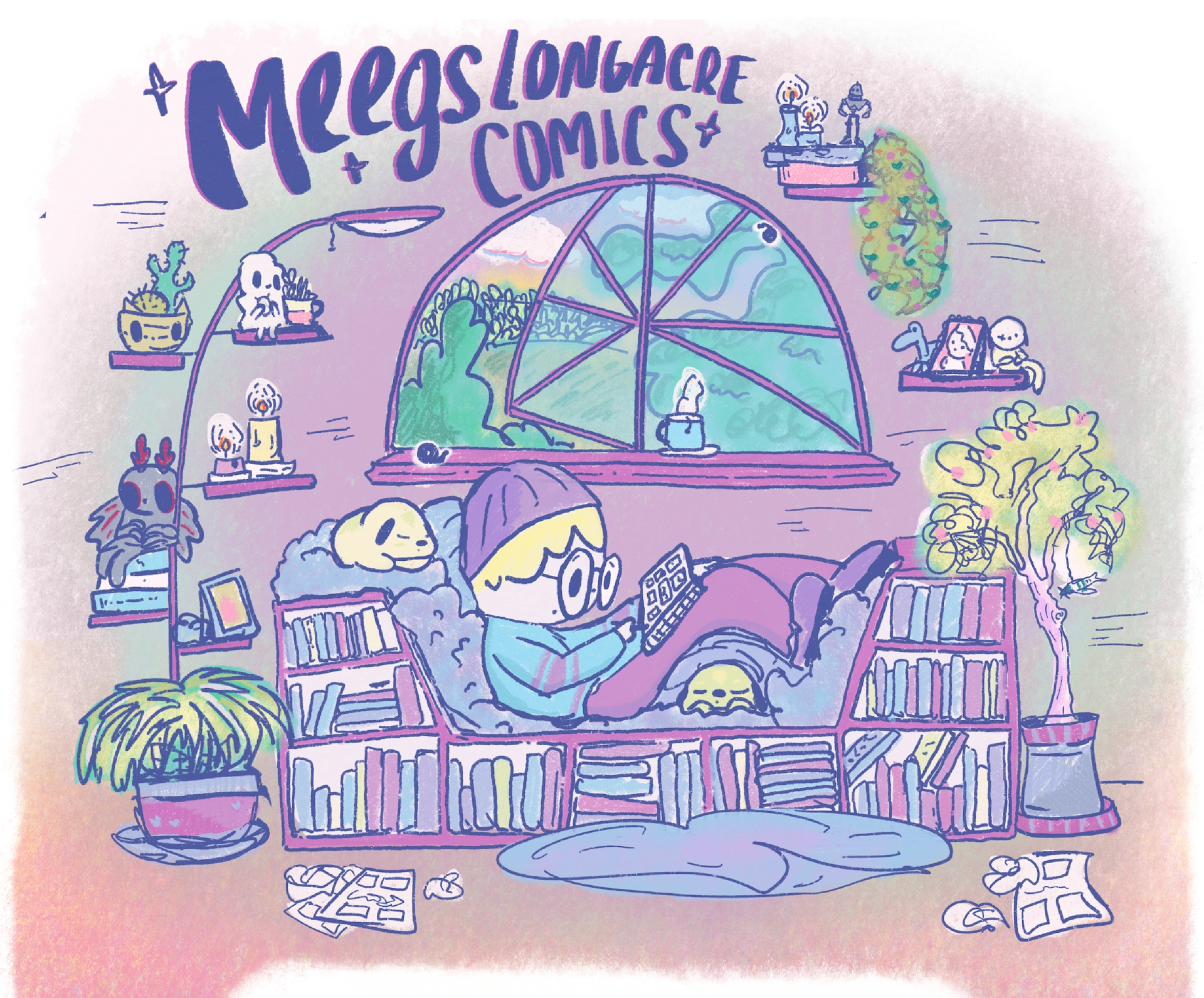 Meegs background image 1 - digital drawing of Meegs drawing in a cozy room with books, plants, and pugs