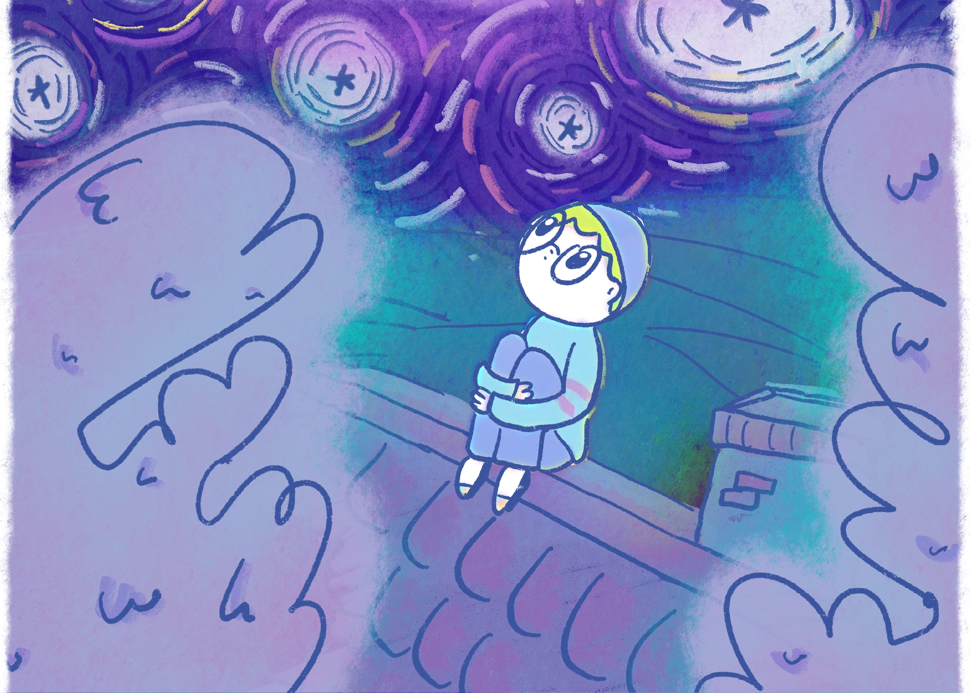 Meegs background image 6 - footer image of Meegs sitting on a rooftop looking at the stars.