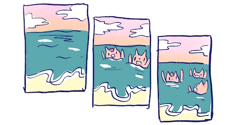 Beach House comic cover- digital drawing of three small panels of the ocean, first empty, second with two figures swimming, third with three figures swimming
