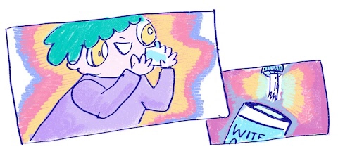 Devin's Guide comic cover- digital drawing of Devin, a young boy with green curly hair, smiling and holding a container of Wite-out.