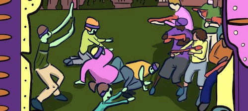 HVZ comic cover - digital drawing of humans and zombies fighting on a college campus